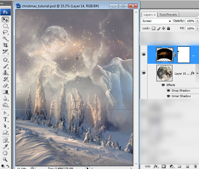 Christmas night, new year card, flying Santa Claus, fairy christmas landscape, snow scene, christmas trees, iceberg, night stars, moon light, santa's deers, christmas sleigh.